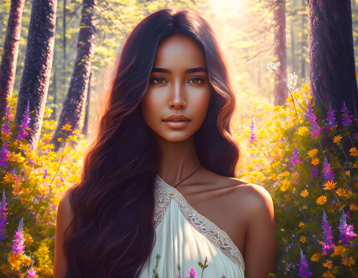 Digital Portrait: Woman in Sunlit Forest with Flowers