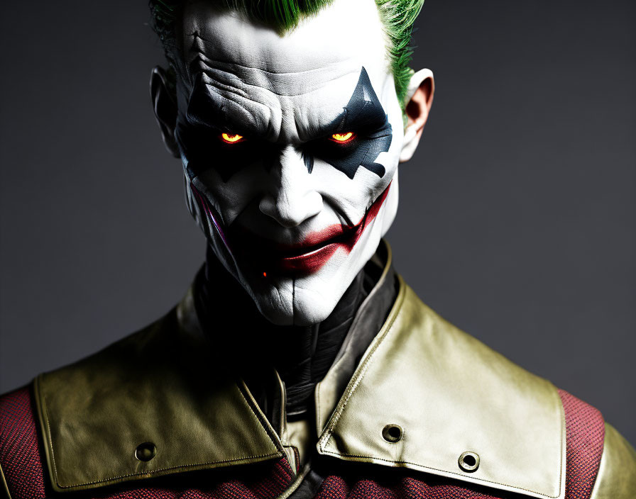 Portrait of person in Joker makeup with red eyes and menacing smile