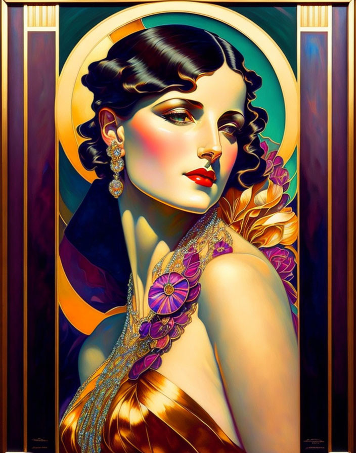 Elegant Art Deco Portrait of Woman in Vibrant Colors