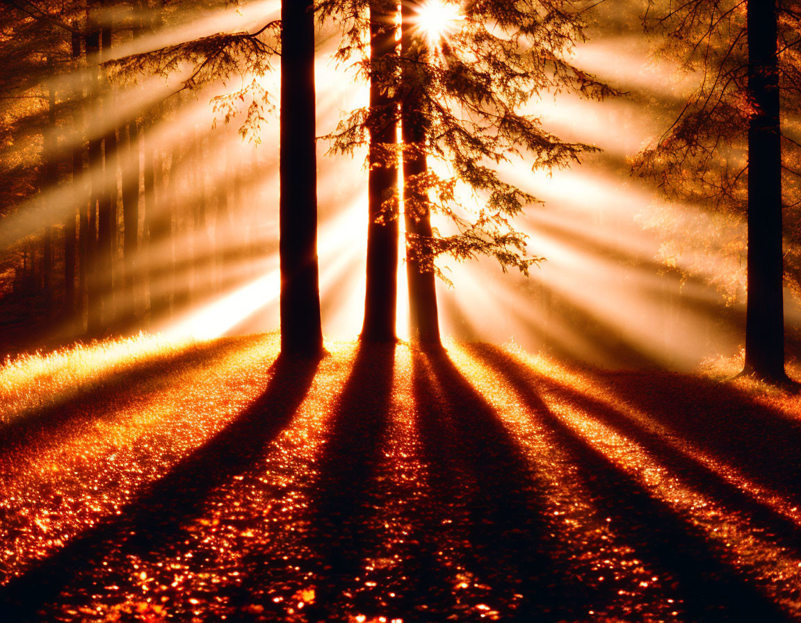 Forest scene: Sunbeams piercing dense trees, casting shadows and illuminating mist with warm light