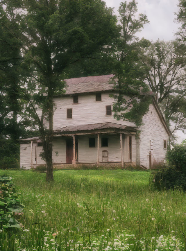 White two-story house with porch in overgrown greenery under cloudy sky