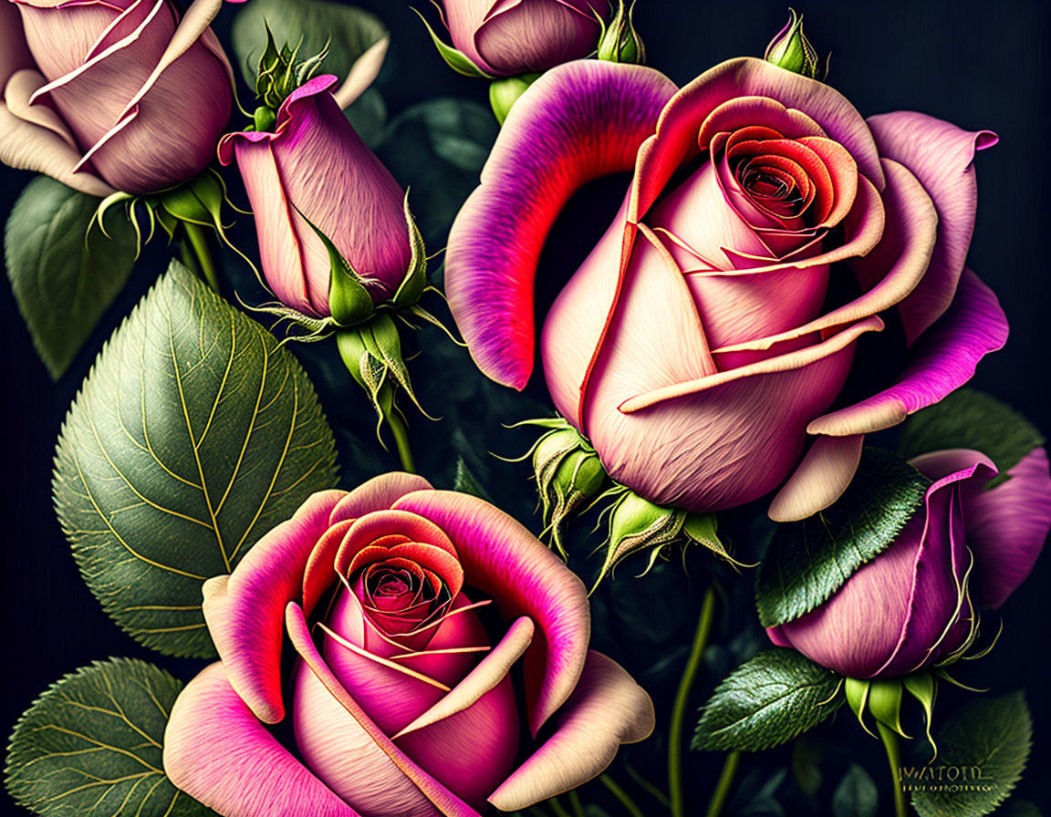 Colorful Pink and Yellow Roses on Dark Background