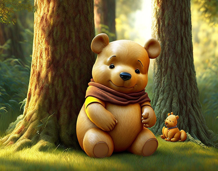 Two Pooh characters in sunlit forest with tall trees.