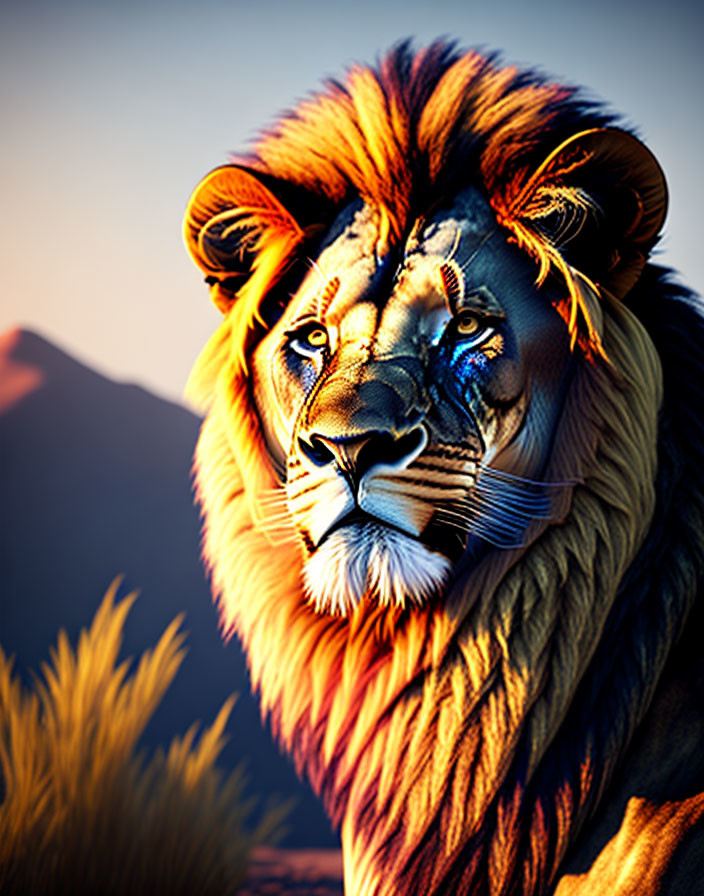 Majestic lion with intense eyes and mountain backdrop at sunset