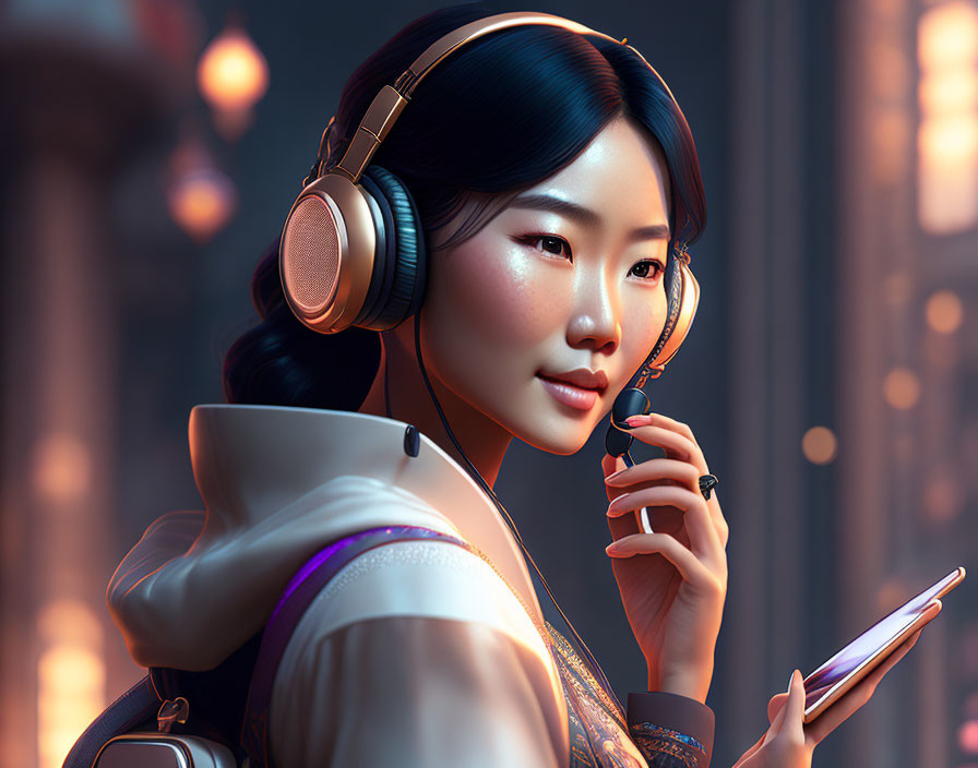 Asian woman with headphones and stylus in digital artwork