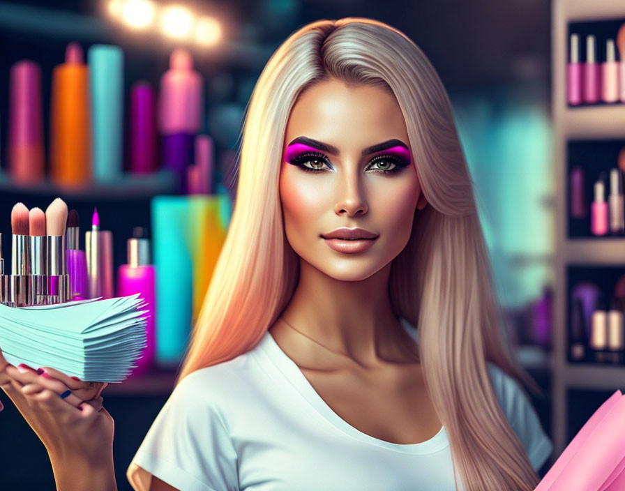 Digital illustration of woman with flawless makeup and lipstick samples in vibrant cosmetic setting