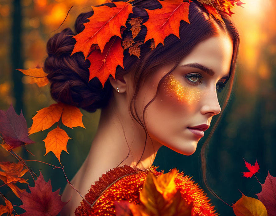 Woman adorned with autumn leaves and glitter against golden backdrop