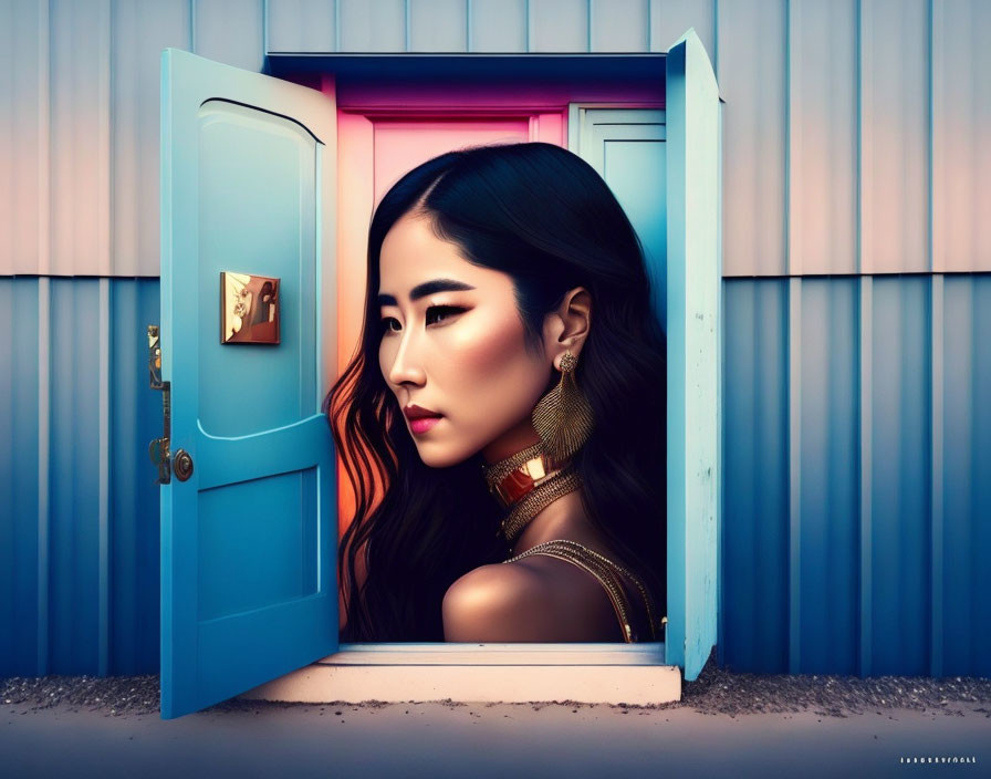 Elaborate earring woman gazes through open door against blue and pink backdrop