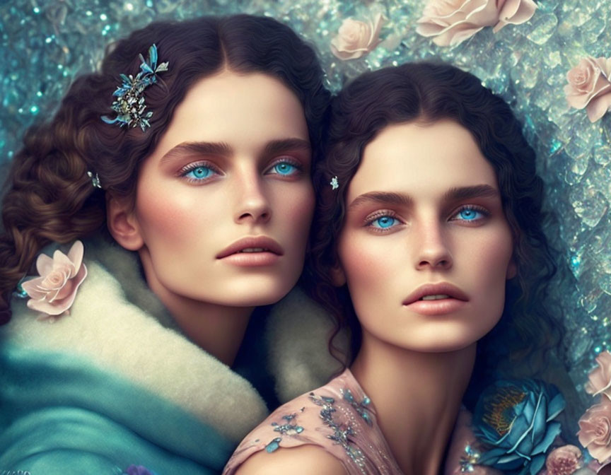 Two women with blue eyes and curly hair in floral setting