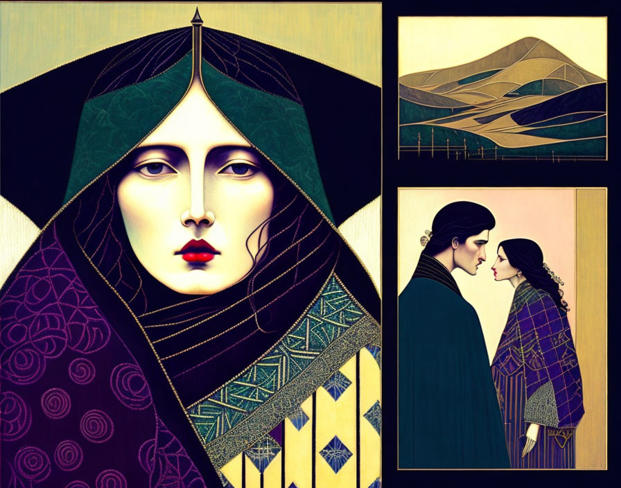 Geometric Art Deco Triptych with Robed Woman, Mountain Landscape, and Contemplative