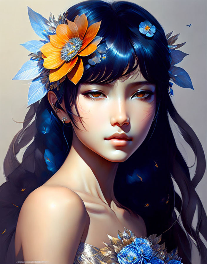 Detailed digital artwork: Woman adorned with blue butterflies and orange flowers, emitting a fantasy ambiance.