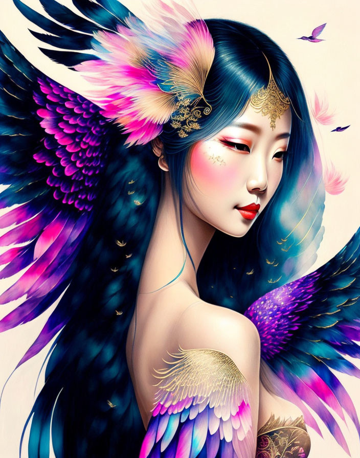 Illustrated woman with ethereal wings and bird-feather headpiece