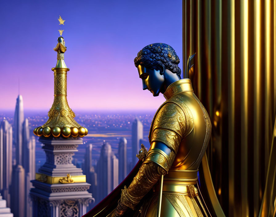 Golden armored knight gazes at star-topped spire in futuristic cityscape.