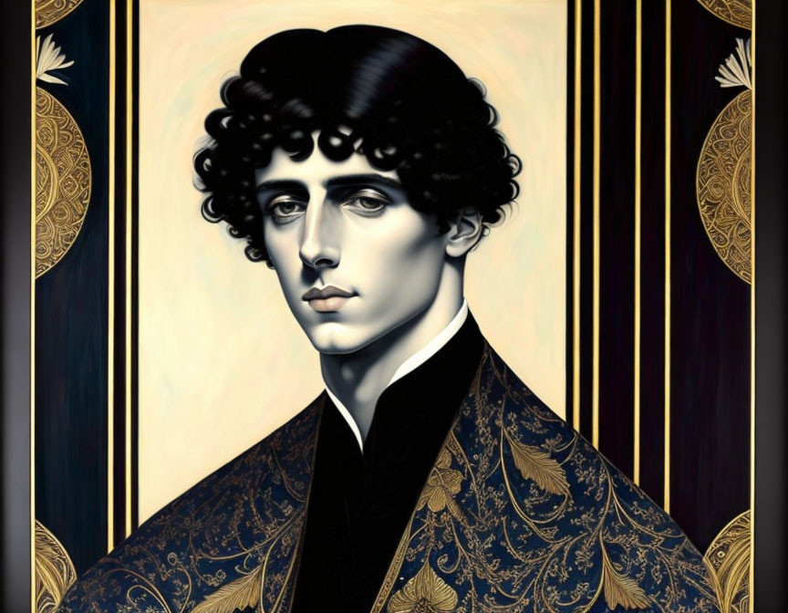 Young man with curly dark hair in black jacket with golden patterns against art nouveau background