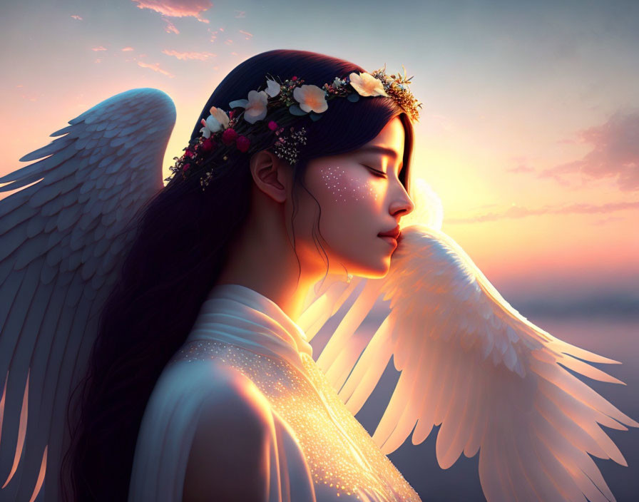 Serene woman with angel wings and floral headband in sunset sky