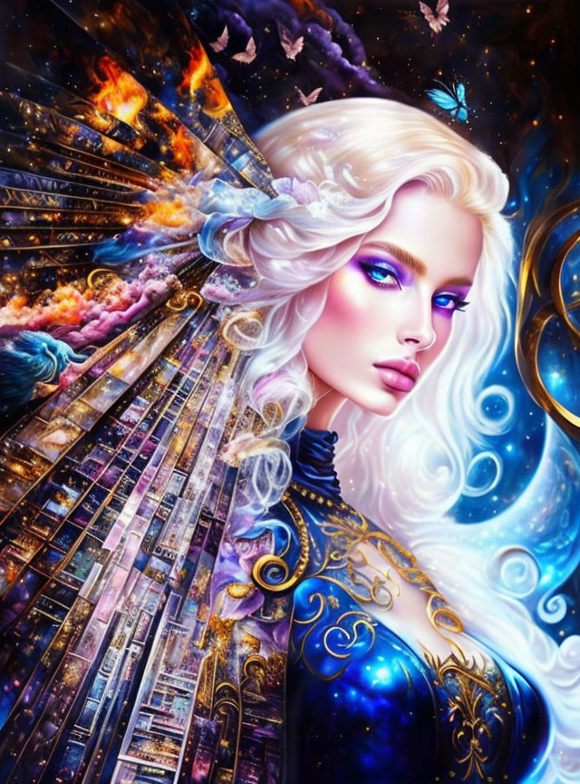 Fantastical illustration: Woman with white hair in cosmic setting