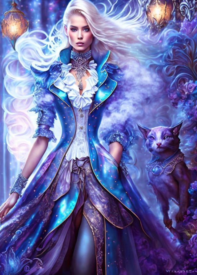 Platinum blonde woman in celestial coat with sphynx cat in magical setting