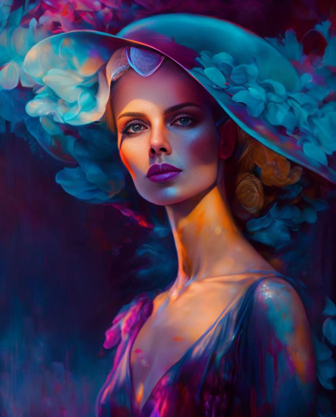 Striking-eyed woman in bold makeup with wide-brimmed hat in colorful floral backdrop