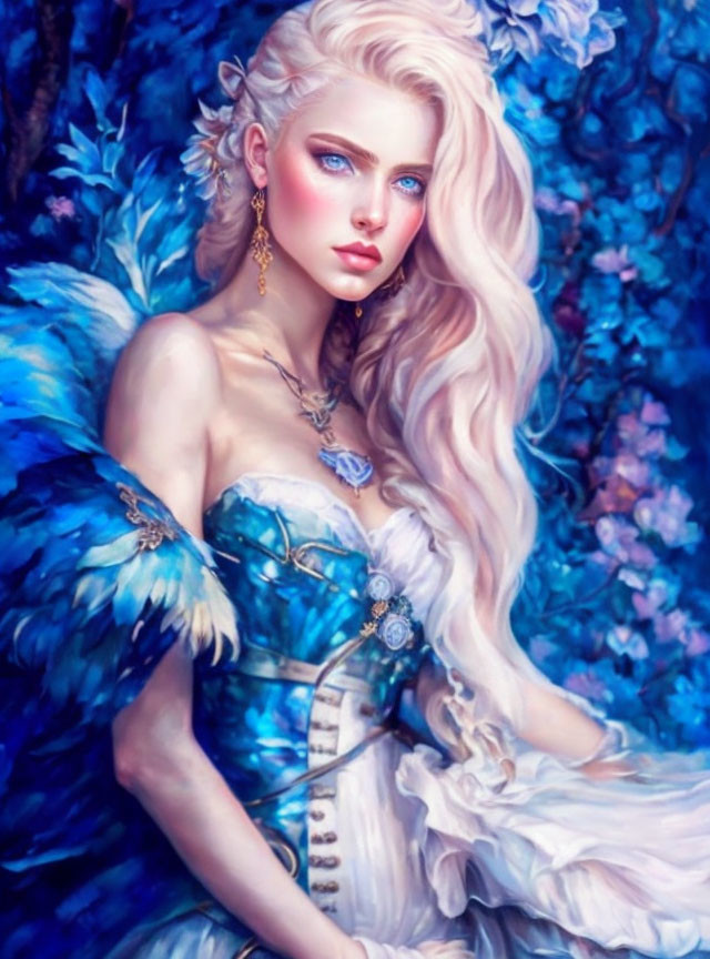 Portrait of woman with blue eyes and blonde hair in feathered gown against floral backdrop