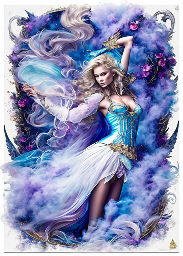 Fantasy Artwork of Woman with White Hair and Blue Corset