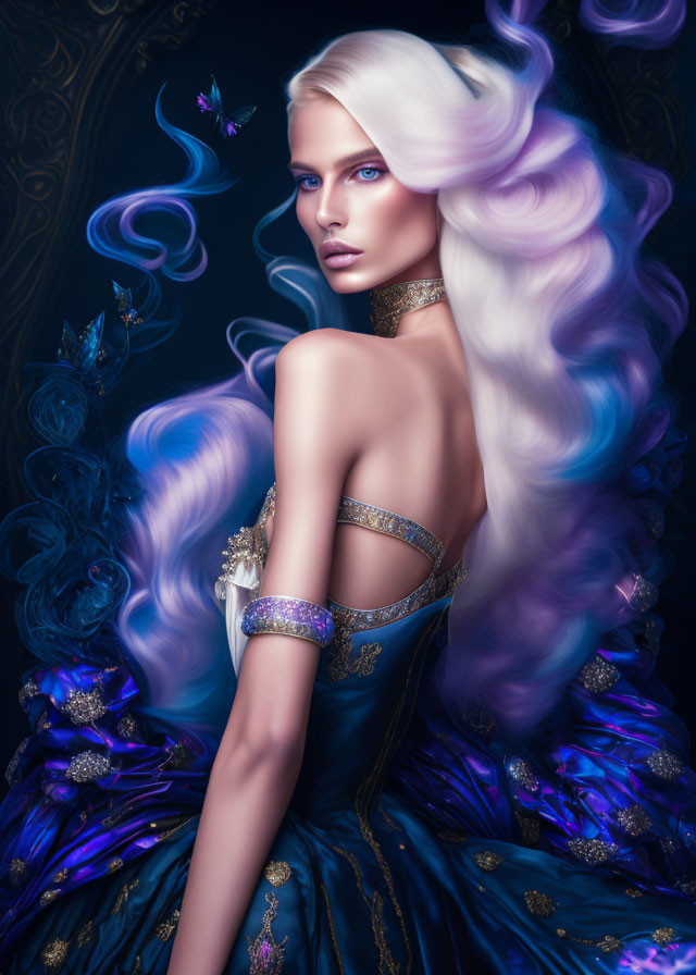 Fantastical portrait of woman with white hair, gold jewelry, blue dress, floral accents, mystical