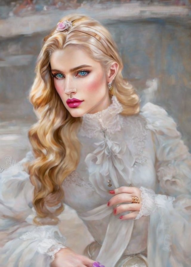 Blonde woman portrait with blue eyes and Victorian blouse