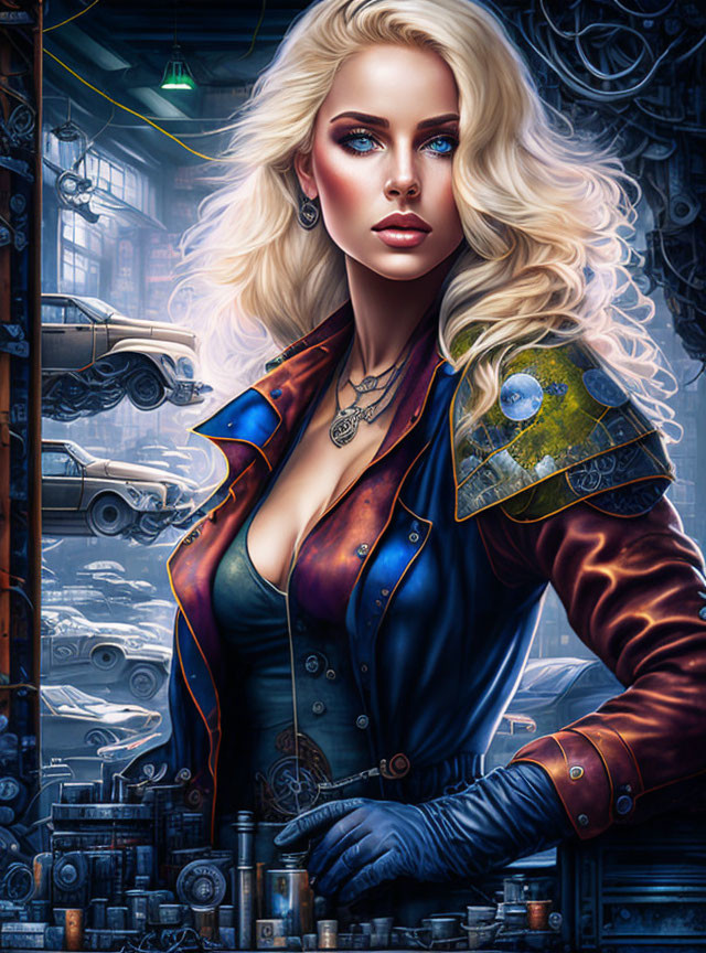 Blonde Woman in Leather Jacket in Futuristic Workshop