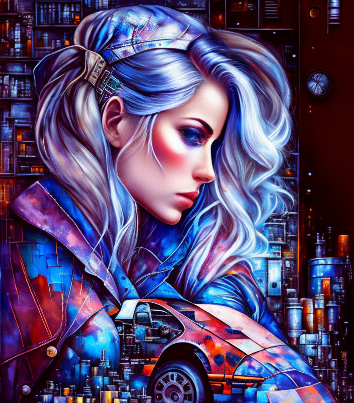 Digital artwork: Woman with silver hair and cybernetic enhancements in futuristic cityscape with car