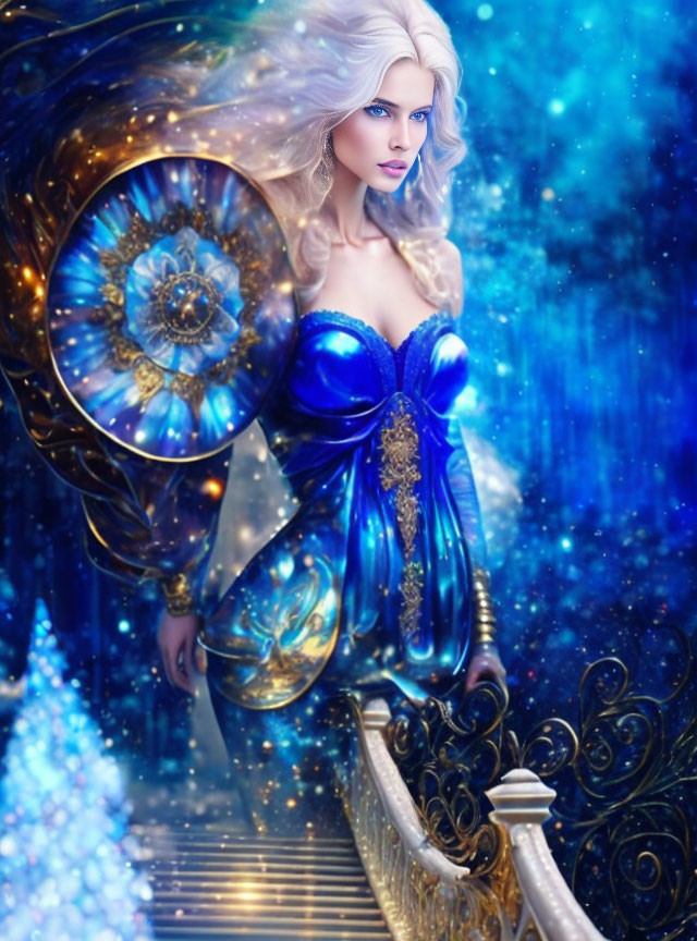 Fantastical image: Woman with white hair and blue eyes in ornate blue dress on mystical background