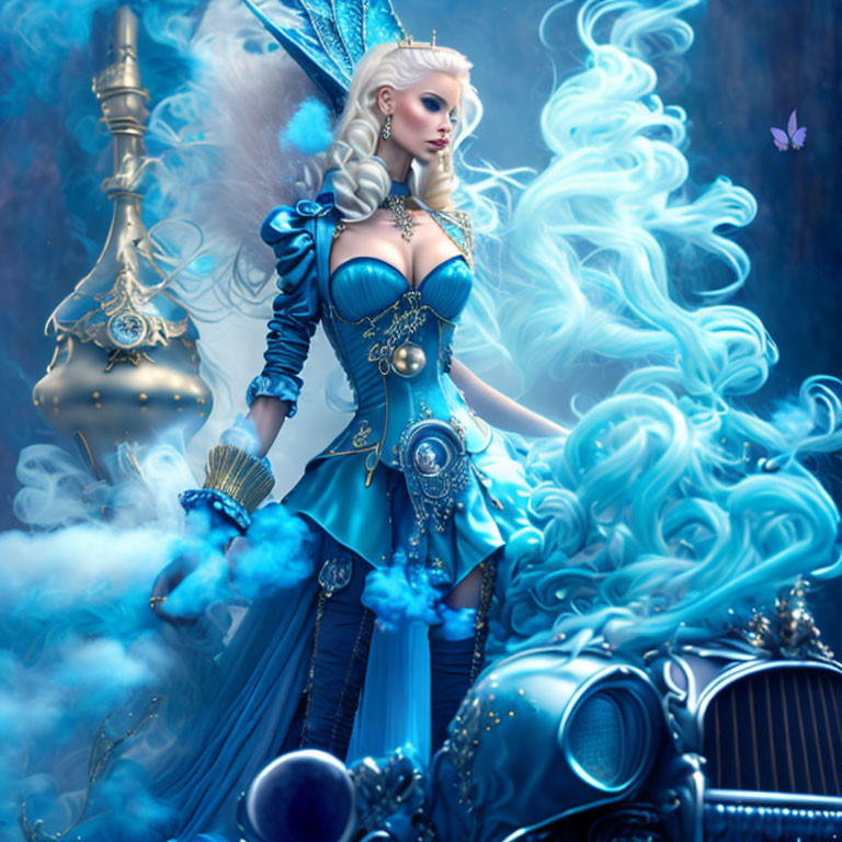 Fantastical image of woman in elaborate blue dress with flowing hair, surrounded by mystical smoke and butterflies