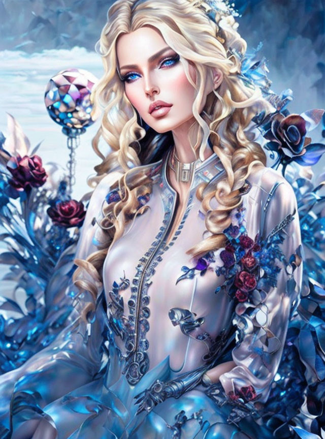 Blonde Woman Surrounded by Blue Roses in Ornate Dress