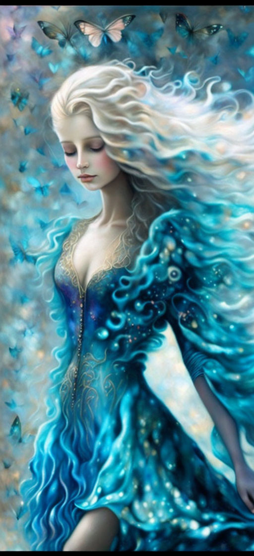 Fantasy illustration of woman with aqua hair & dress, stars & butterflies, emitting ethereal aura