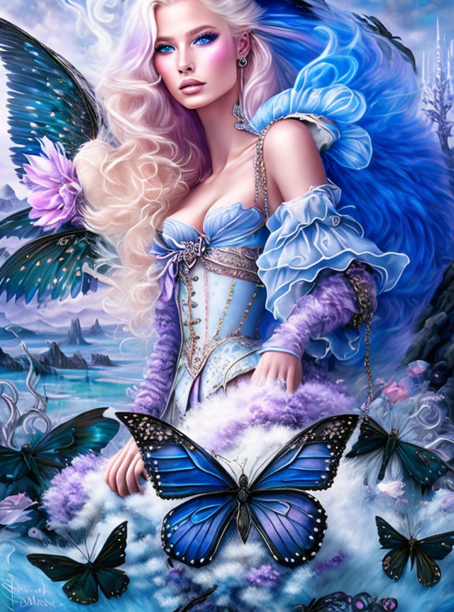 Woman with angelic wings and pastel hair among butterflies in magical floral scene