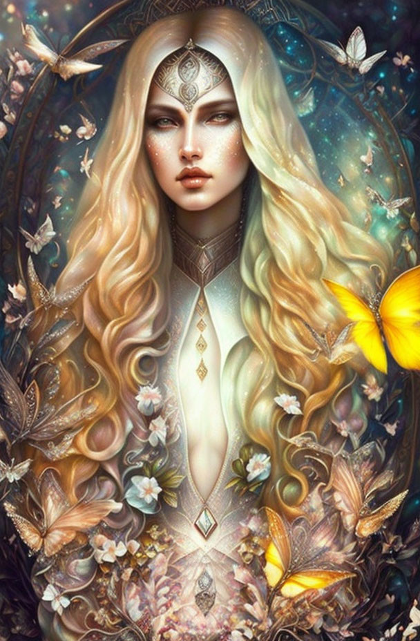 Ethereal illustration of a blonde woman with silver jewelry, butterflies, and florals