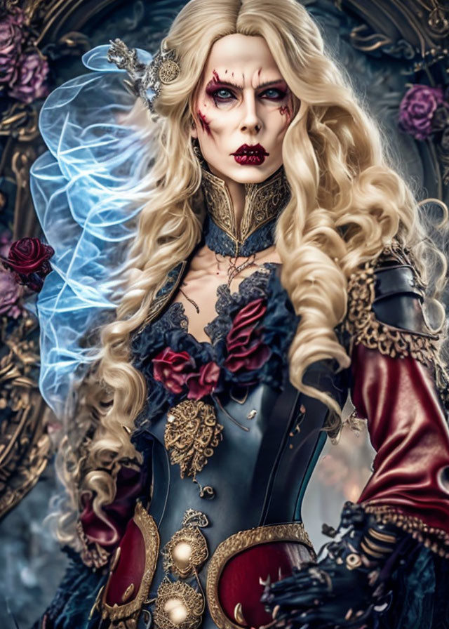 Elaborate fantasy costume with white hair and red eyes against gothic floral backdrop