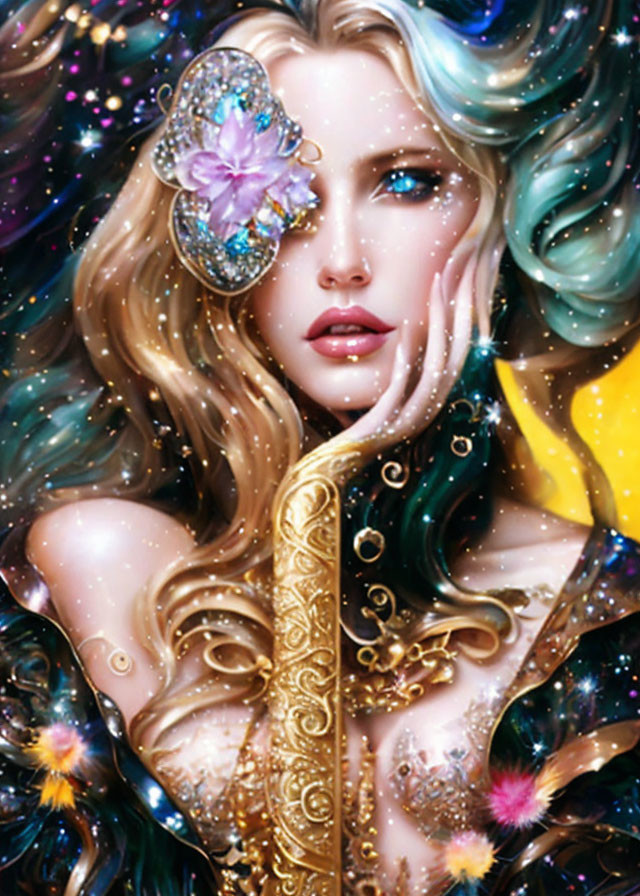 Woman in Blue and Gold Attire with Butterfly Accessory in Cosmic Background