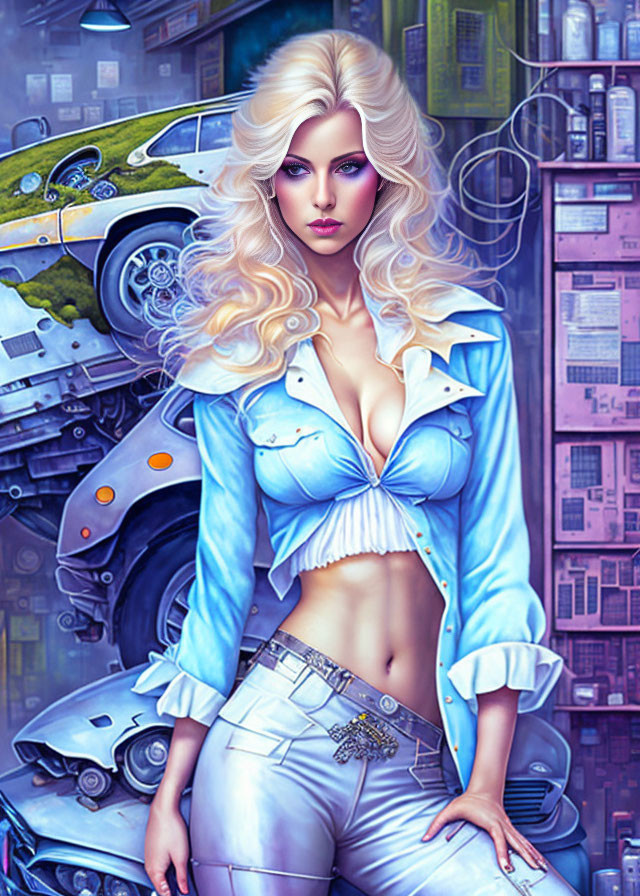 Blonde woman in denim outfit in futuristic cityscape