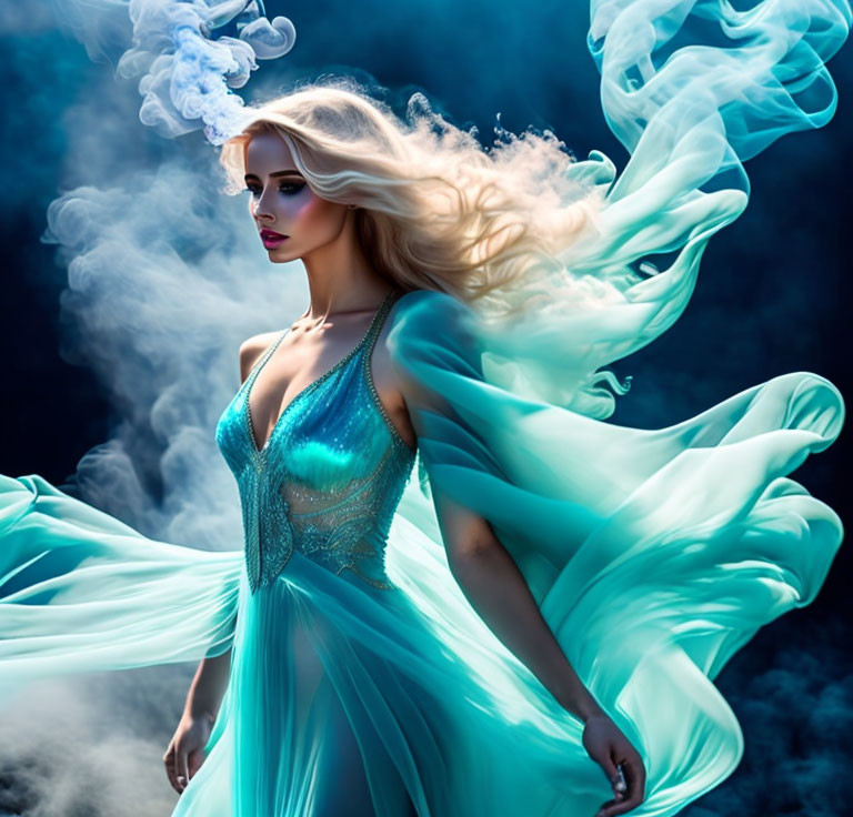 Blonde Woman in Teal Dress Surrounded by Blue Smoke