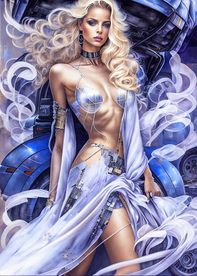 Futuristic digital artwork of female figure with white hair and robotic elements