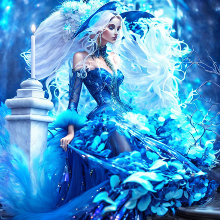 Ethereal woman with white hair in blue dress among surreal blue foliage