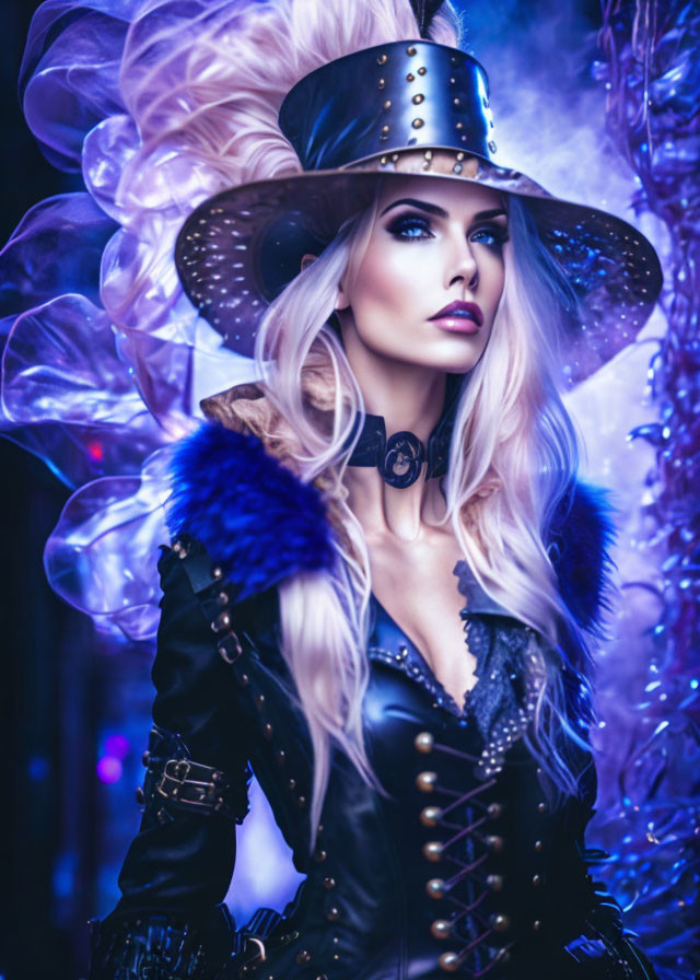 Fantastical woman in feather plume hat amidst vibrant blue and purple hues