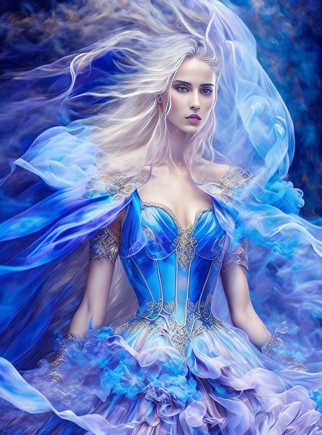 Silver-haired woman in elaborate blue gown on mystical background