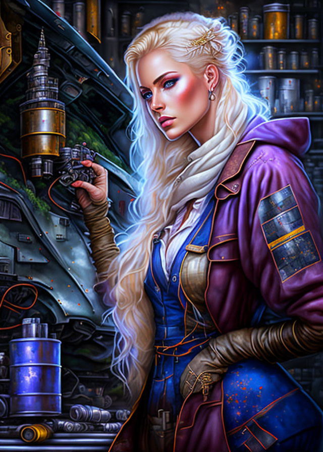 Platinum blonde woman in purple jacket with mechanical device against machinery backdrop