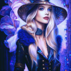 Fantastical woman in feather plume hat amidst vibrant blue and purple hues