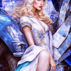 Blonde woman in white dress leaning on blue car in futuristic scene