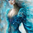 Fantasy illustration of woman with aqua hair & dress, stars & butterflies, emitting ethereal aura