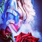 Fantasy illustration of woman with white hair, blue eyes, purple dress, red roses, and blue