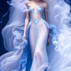 Ethereal woman in white and blue gown with elaborate shoulder detailing