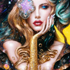 Woman in Blue and Gold Attire with Butterfly Accessory in Cosmic Background