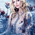 Blonde Woman Surrounded by Blue Roses in Ornate Dress